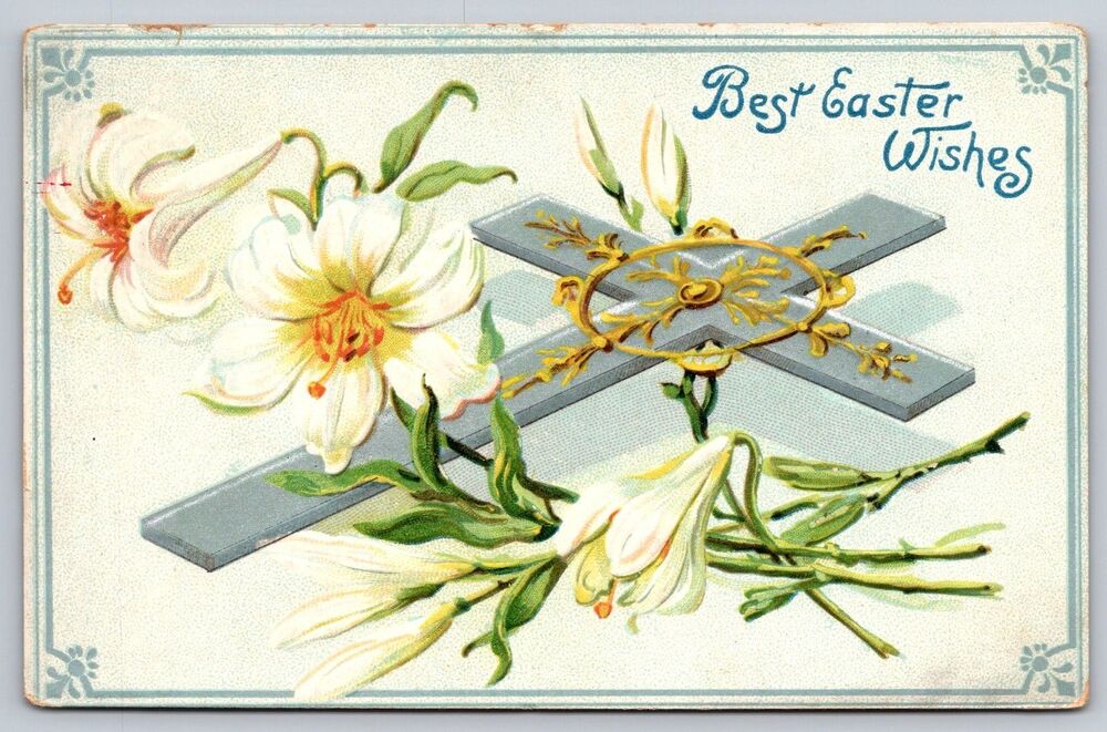 Antique 1908 Raphael Tuck Easter Postcard Lilies & Cross Embossed Series 112